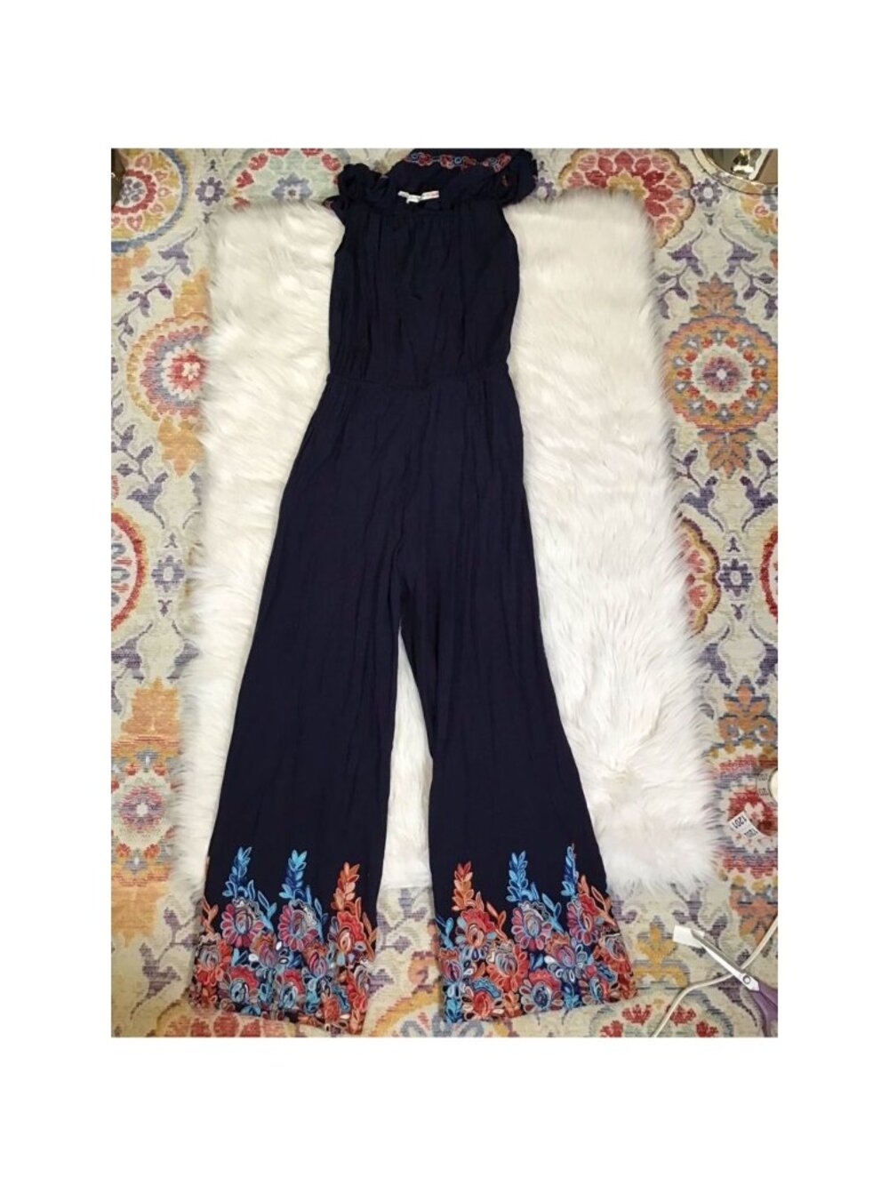 Jumpsuit Chelsea & Violet Womens Med Navy Blue Off Shoulder Embroidered Long Boh - Picture 8 of 9